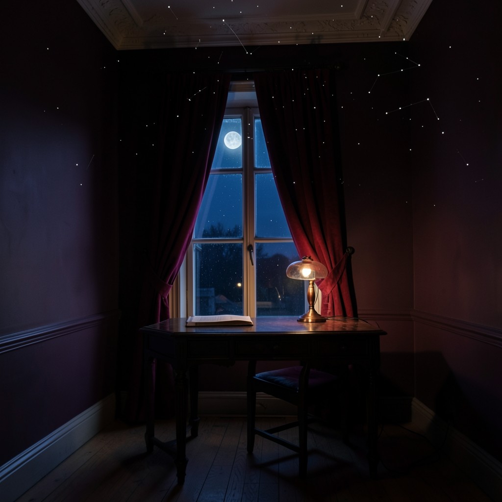 A small nocturnal study with one desk, dark wood paneling, and burgundy drapes beside a night window