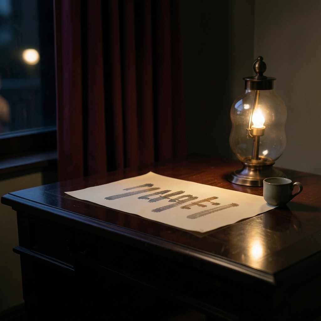 A night desk with one lamp, a chart sheet, and a teacup beside a dark window