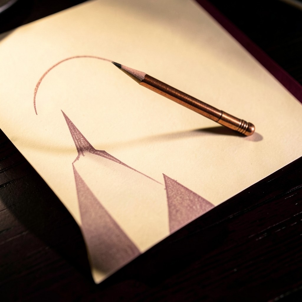 Close view of a pencil arc drawn over abstract candle peaks on cream paper