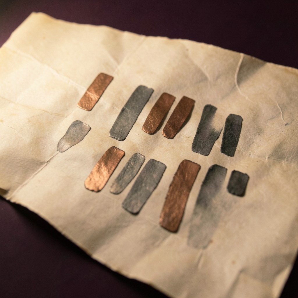 Light vertical bars drawn in pencil beside abstract candle shapes on warm paper