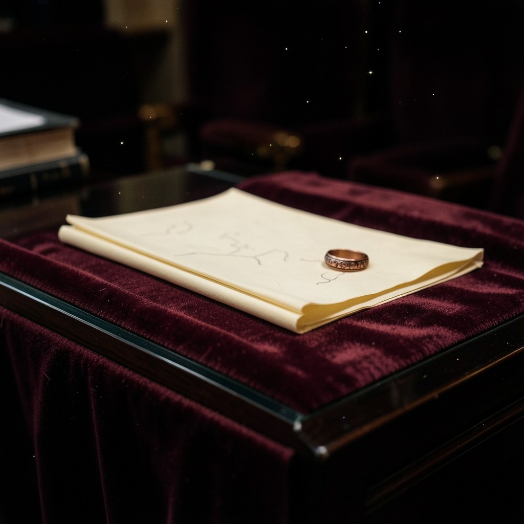 Stacked cream sheets, a copper ring, and velvet cloth arranged on dark wood in low lamplight