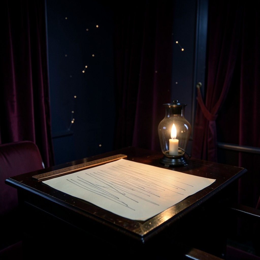 A lacquered wood desk at night with cream chart paper, a copper ruler, and a smoked-glass lamp against burgundy velvet curtains
