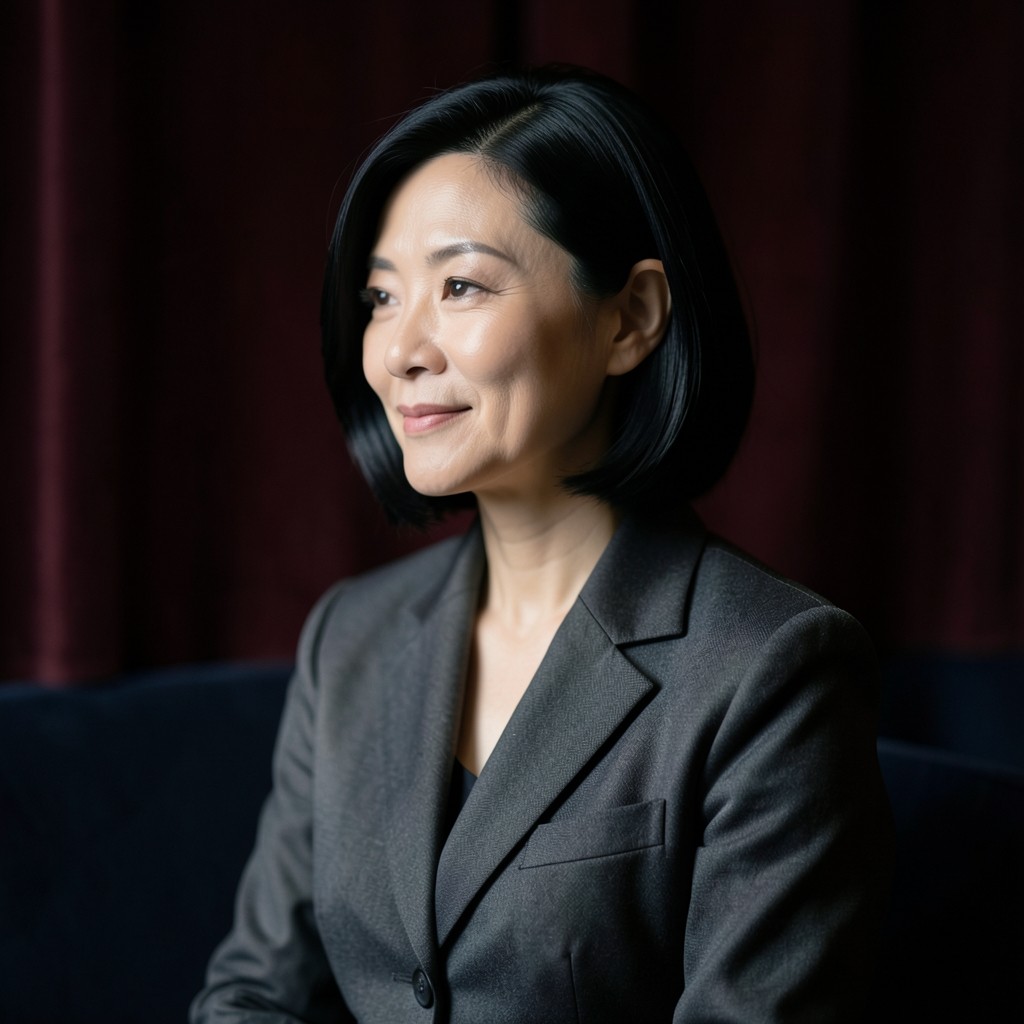 Portrait of a woman in her early forties seated in a dim velvet room with warm copper rim light
