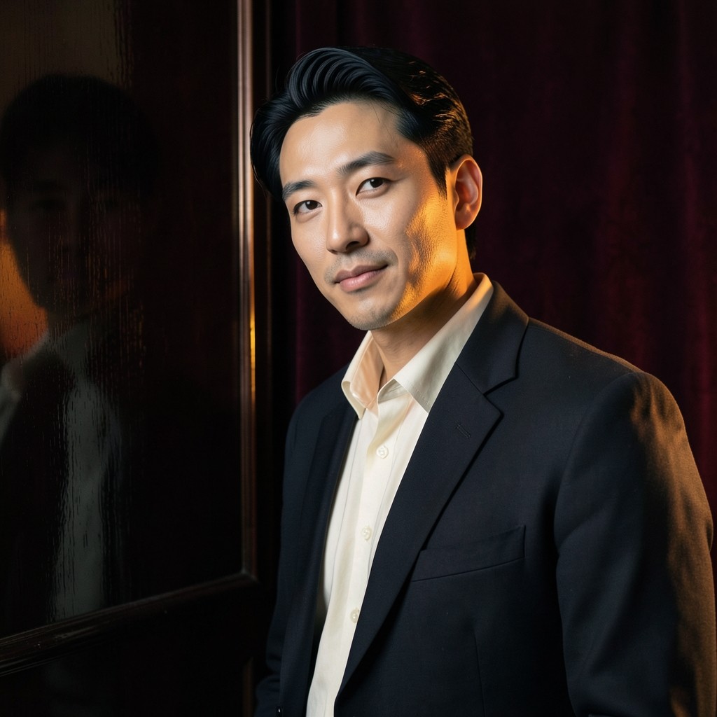 Portrait of a man in his mid thirties standing beside dark lacquered wood with a burgundy background