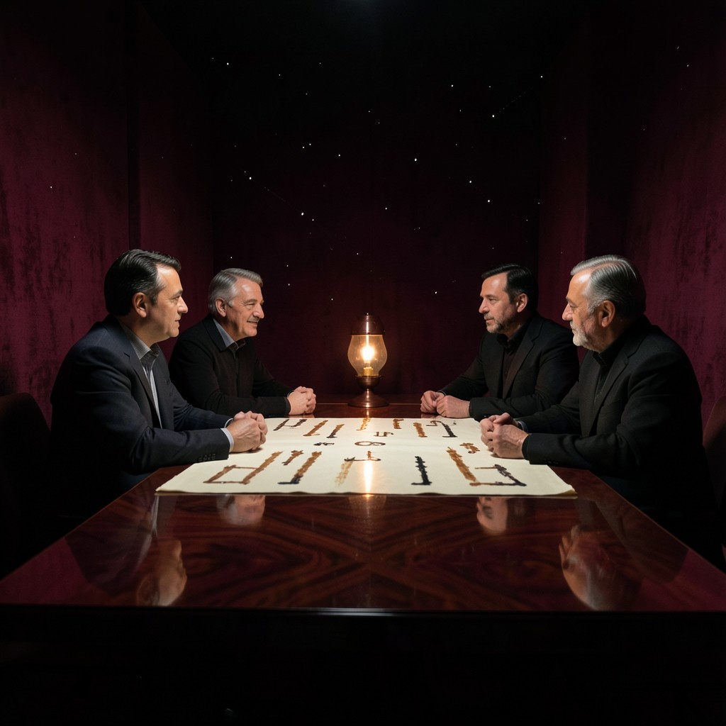 Four adults seated around a long lacquered table in a burgundy room, studying one large chart sheet