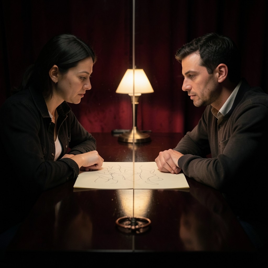 Two adults across a narrow desk reviewing a single marked sheet, with smoked glass catching warm lamplight