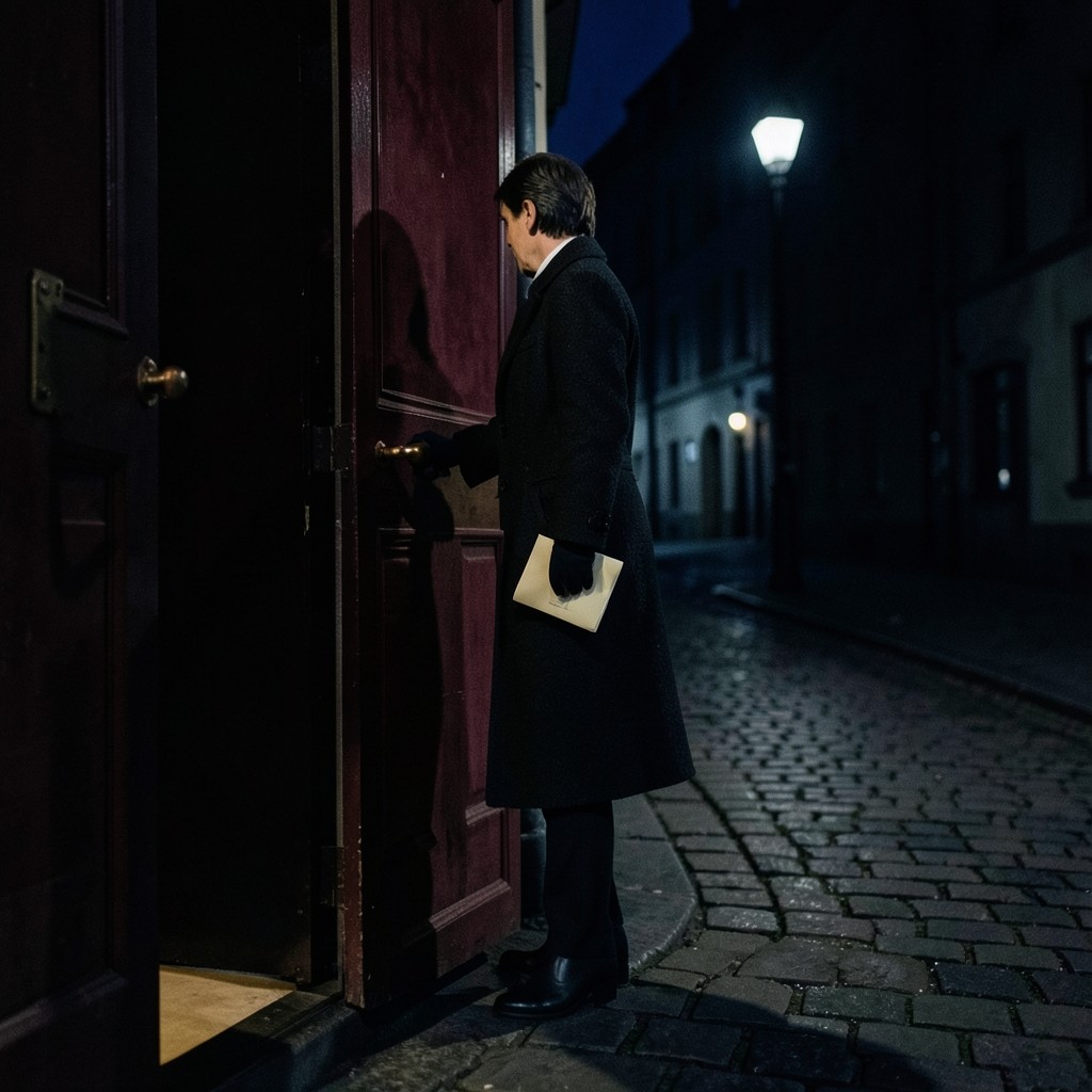 An adult leaving a velvet doorway at night while holding a folded cream sheet